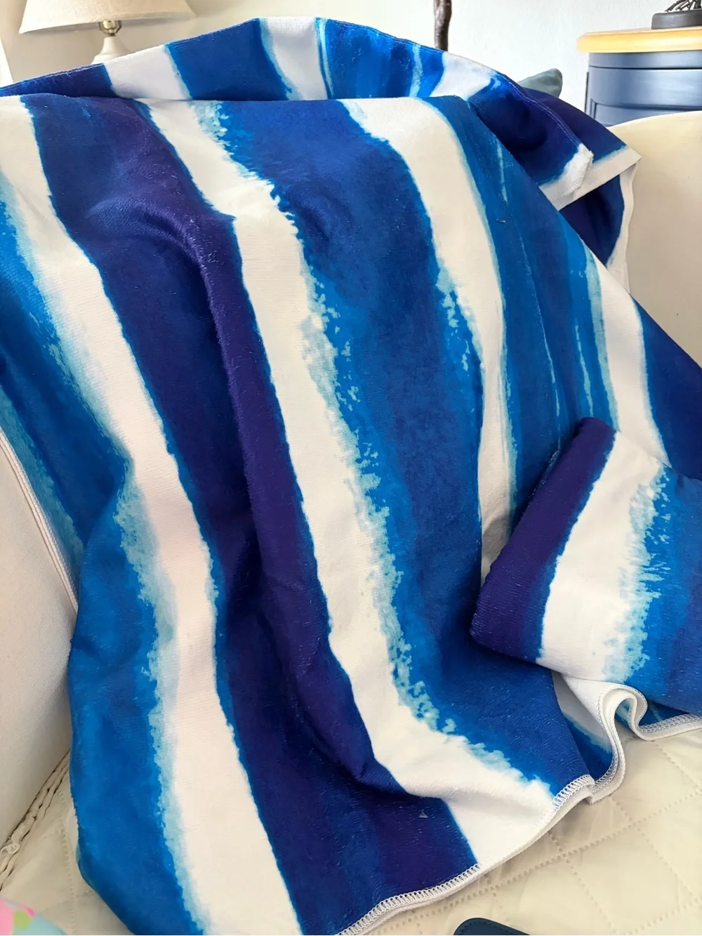 Set of Two Blue and White Striped Beach Towels